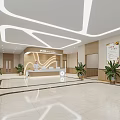 Elevator Hallway with Wooden Walls Traditional Paintings Ceiling Lights Green Handrails And Light Tiled Floor
