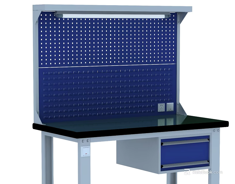 Practical Functional Workbench With Blue Perforated Board Top Light Black Tabletop And Blue Drawer 3d model 