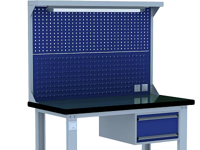 Practical Functional Workbench With Blue Perforated Board Top Light Black Tabletop And Blue Drawer 3d model