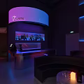 Modern Bar Interior Design With Red Blue Lighting Neon Signs And Comfortable Seating 3d model