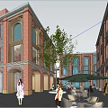 Vibrant Commercial Street Featuring Red Brick Buildings Fountain Trees And Pedestrians