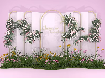 Elegant Photo Spot With Arch Decoration Champaign Lettering And Colorful Flowers On Pink Background 3d model