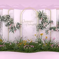 Elegant Photo Spot With Arch Decoration Champaign Lettering And Colorful Flowers On Pink Background