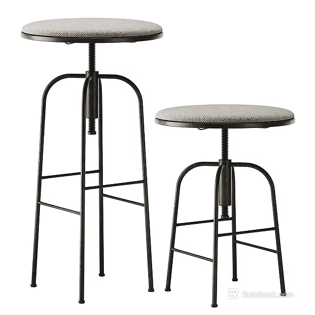 Bar Stools with Adjustable Height Black Metal Frame and Gray Padded Seat for Kitchen Countertop 3d model 