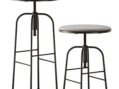 Bar Stools with Adjustable Height Black Metal Frame and Gray Padded Seat for Kitchen Countertop 3d model