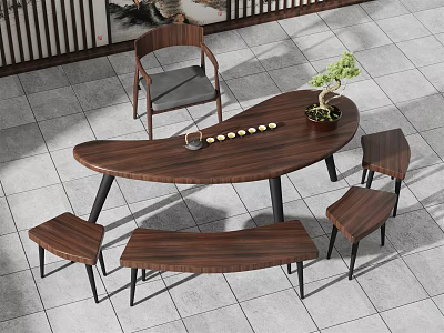 Modern Chinese Style Tea Table And Chairs With Teacups Potted Plant And Bench 3d model