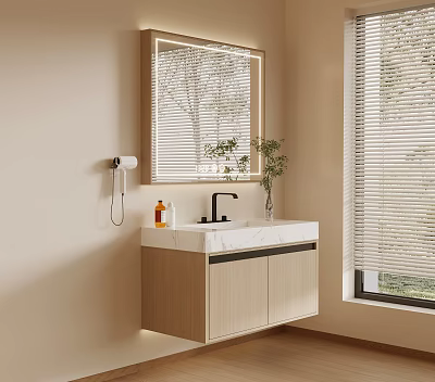 Modern Wall Mounted Bathroom Vanity Cabinet With Marble Countertop Framed Mirror And Potted Plant 3d model