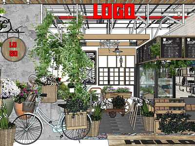 Cozy Milk Tea Shop Interior With Green Plants Bicycle Fresh Flowers And Wooden Decor 3d model