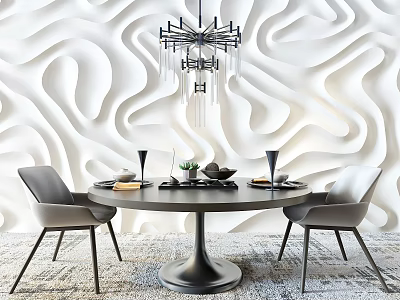 Modern Round Dining Table Set With Gray Chairs Wavy White Wall Chandelier And Tableware 3d model
