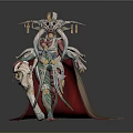 Mythical Warrior With Ornate Armor Golden Headdress Red Cape Green Gold Details and Weapon