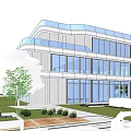 Modern Multi Storey Office Building With Glass Curtain Walls And Landscaped Entrance
