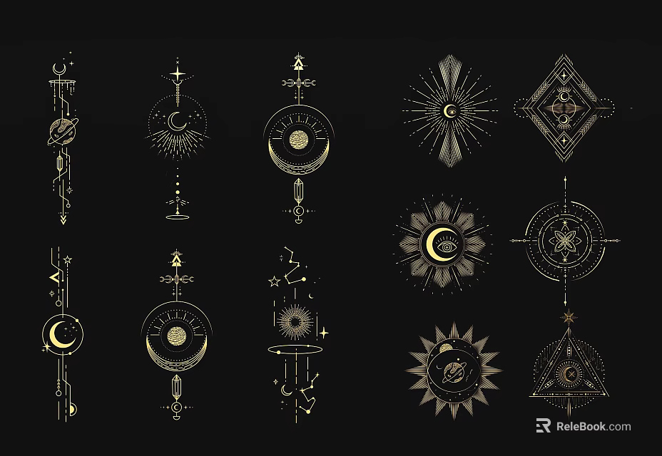 Golden Geometric Patterns And Mystical Symbols Wall Decor With Sun Moon Stars 3d model 