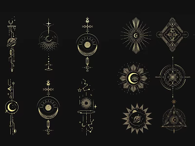Golden Geometric Patterns And Mystical Symbols Wall Decor With Sun Moon Stars 3d model