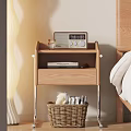 Wooden Bedside Table with Radio Glass and Books in Drawer and Metal Legs