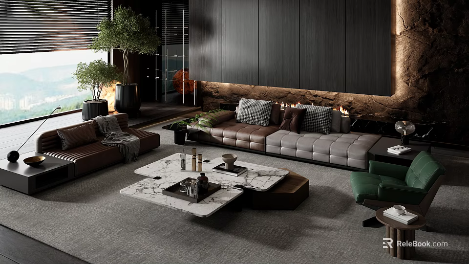 Modern Living Room With Dark Wood Walls Green Plants And Marble Coffee Table 3d model 