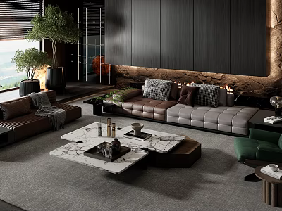 Modern Living Room With Dark Wood Walls Green Plants And Marble Coffee Table 3d model