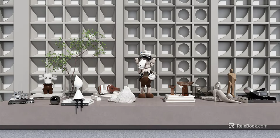 Modern Decorative Ornament Set With Sculptures Ceramic Pieces And Display Shelf Arrangement 3d model 