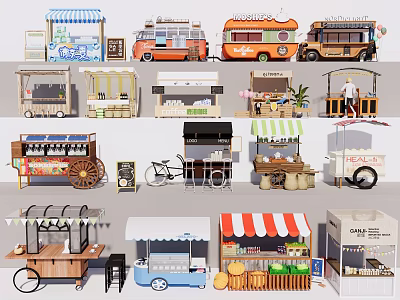 Mall Shops With Various Food Beverage Retail Stalls Carts Awnings And Different Designs 3d model