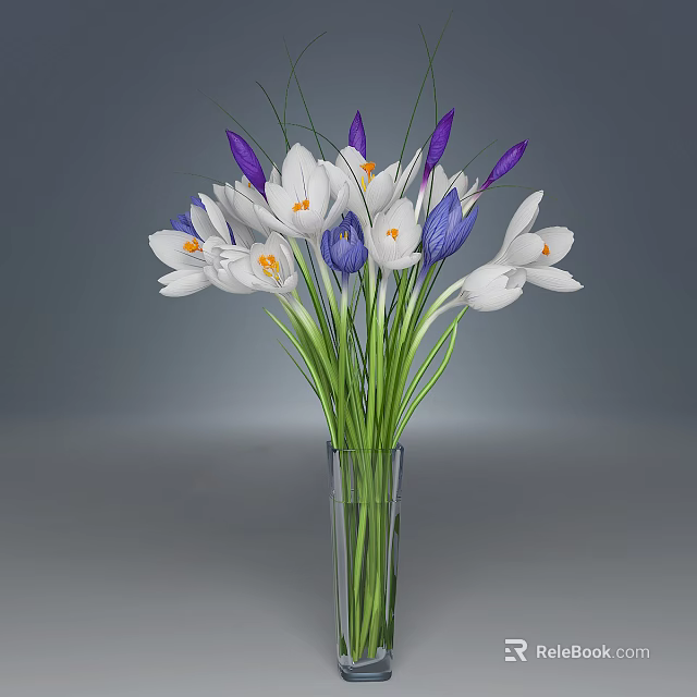 White And Purple Fresh Flowers In Clear Glass Vase With Green Stems 3d model 