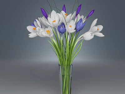 White And Purple Fresh Flowers In Clear Glass Vase With Green Stems 3d model