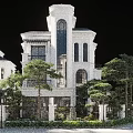 Classic Detached Villa Featuring Tall Tower Large Glass Windows and Green Surroundings