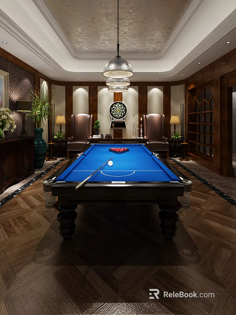 Elegant Billiard Room with Blue Pool Table Cue Stick Dartboard and Leather Sofas 3d model