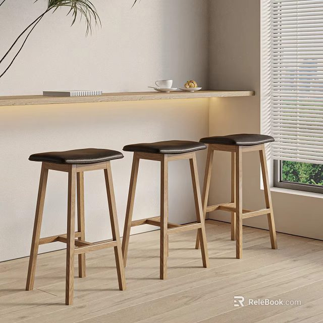 Modern Bar Stools with Wooden Frame and Black Cushion in Bright Room Setting 3d model 