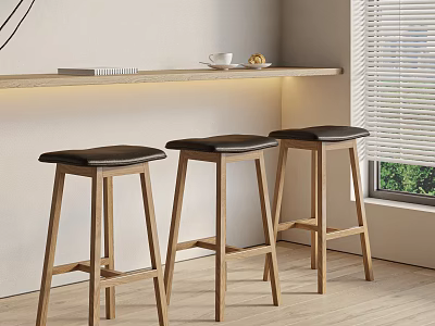 Modern Bar Stools with Wooden Frame and Black Cushion in Bright Room Setting 3d model