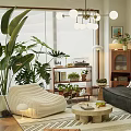 Modern Living Room Interior With Sofa Plants Chandelier Rug And Decorative Paintings
