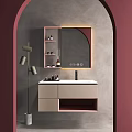 Modern Bathroom Vanity Design With Round Backlit Mirror Gray Wall Beige Cabinet And Toiletries