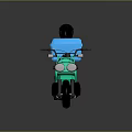Green Scooter Motorcycle With Blue Storage Box And Black Helmet On Dark Background
