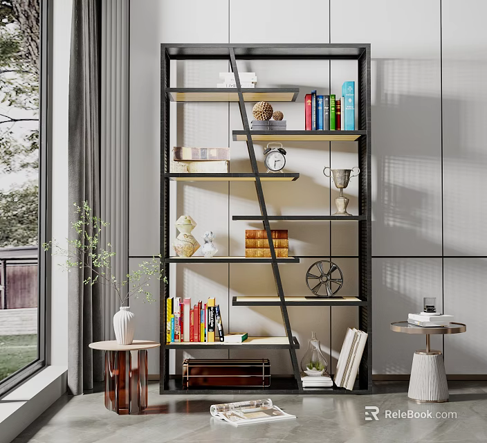 Modern Multi Tiered Shelf Unit With Books Decorative Items Trophy And Clock 3d model
