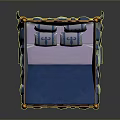 Elegant Ornate Four Poster Bed With Blue Mattress Gold Red Canopy And Decorative Bedposts