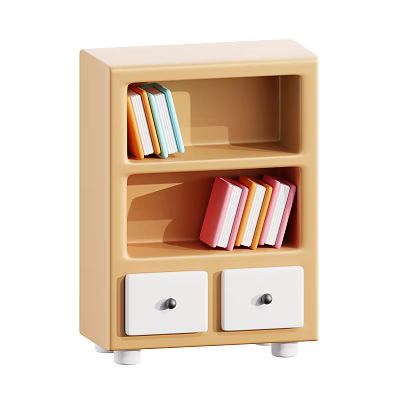 Light Brown Bookcase With Two Shelves White Drawers And Colorful Books 3d model