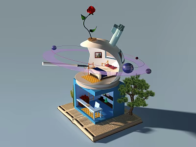 Cartoon Scene 3D Miniature Design With Floating Room Red Rose Test Tube And Planets 3d model