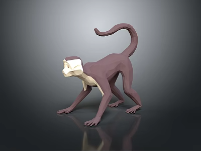 Low Poly 3D Monkey Model With Purple Beige Long Tail Standing Pose On Grey Background 3d model