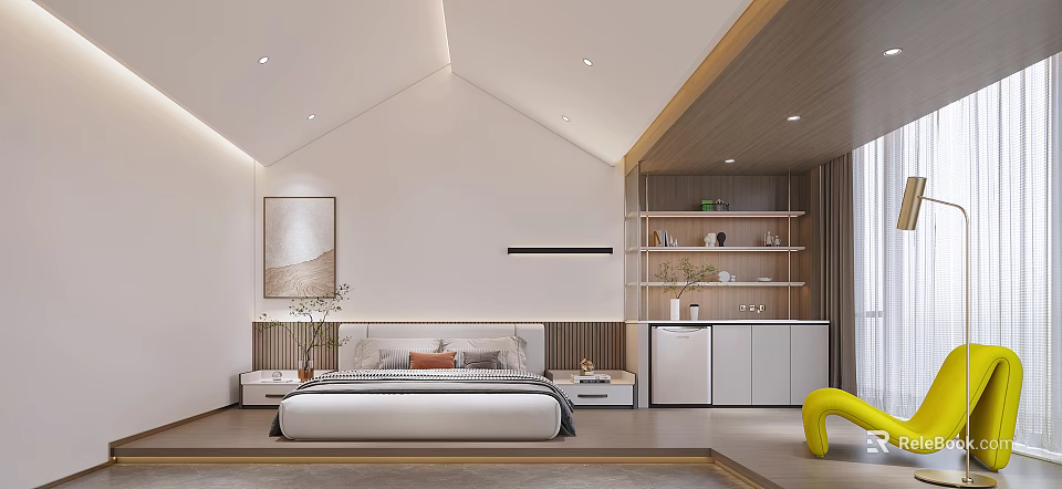 Modern Minimalist Bedroom Interior Design With Cozy Bed Decorative Painting And Wooden Storage Cabinets 3d model 