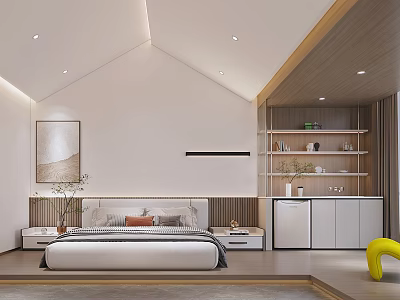 Modern Minimalist Bedroom Interior Design With Cozy Bed Decorative Painting And Wooden Storage Cabinets 3d model