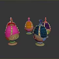 Woman Showcasing Vibrant Decorative Eggs With Gold Trims On Dark Surface