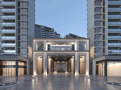 Modern Entrance Gate Design Between High Rise Buildings With Paved Ground And Lighting 3d model