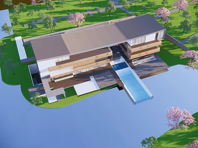 Modern Sales Office Building With Green Lawn Trees Pink Flowers And Water Feature 3d model