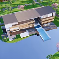 Modern Sales Office Building With Green Lawn Trees Pink Flowers And Water Feature