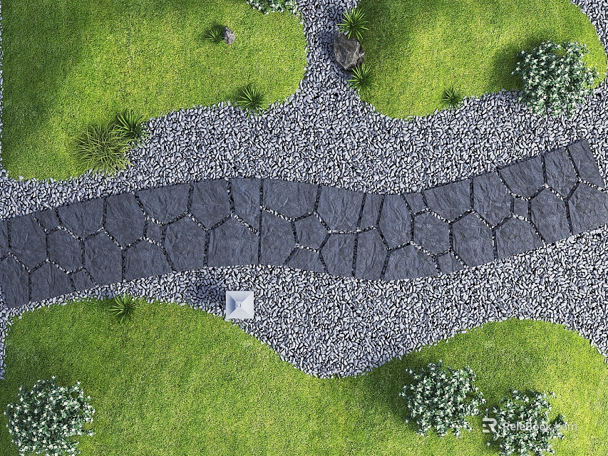 Natural Stepping Stones Path In Green Grass With Pebbles And Small Bushes 3d model 