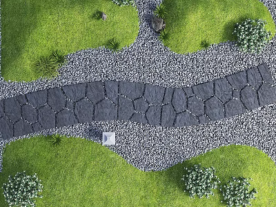 Natural Stepping Stones Path In Green Grass With Pebbles And Small Bushes 3d model