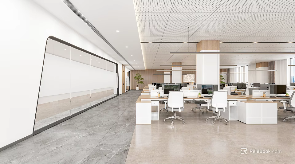 Modern Public Office Space With Open Layout Desks Ergonomic Chairs And Indoor Plants 3d model 