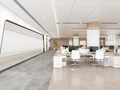 Modern Public Office Space With Open Layout Desks Ergonomic Chairs And Indoor Plants 3d model