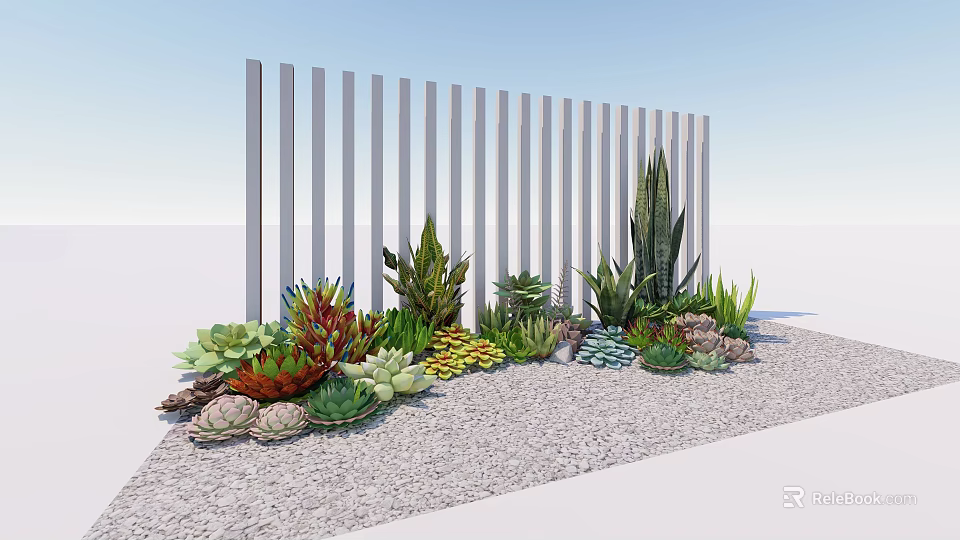 Mixed Succulent Plants Display With White Vertical Slat Fence On Gravel Ground 3d model 
