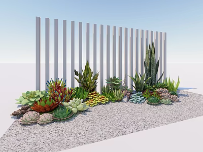 Mixed Succulent Plants Display With White Vertical Slat Fence On Gravel Ground 3d model
