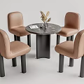 Modern Round Dining Table With Marble Top And Four Light Brown Leather Chairs 3d model