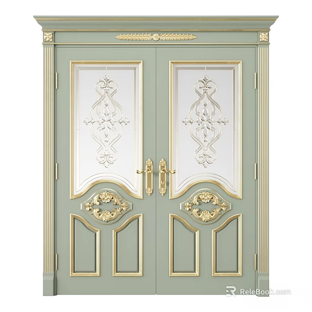 Elegant Light Green Swing Doors With Golden Decorations White Glass And Intricate Patterns 3d model 
